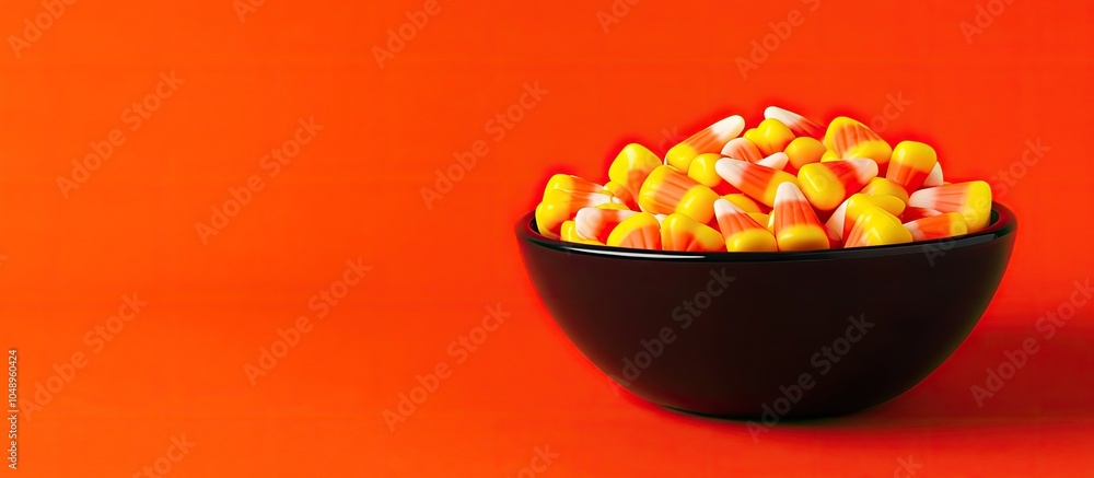 Poster nearly vacant black dish with halloween candy corn set against an orange background. with copy space