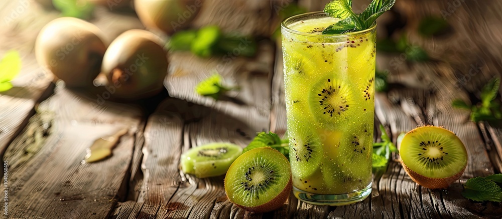 Leinwandbilder fresh kiwi juice with mint on a wooden surface. with copy space image. place for adding text or desi