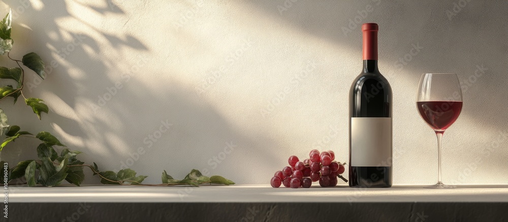 Poster on the table there is a bottle of wine and a glass. with copy space image. Place for adding text or design