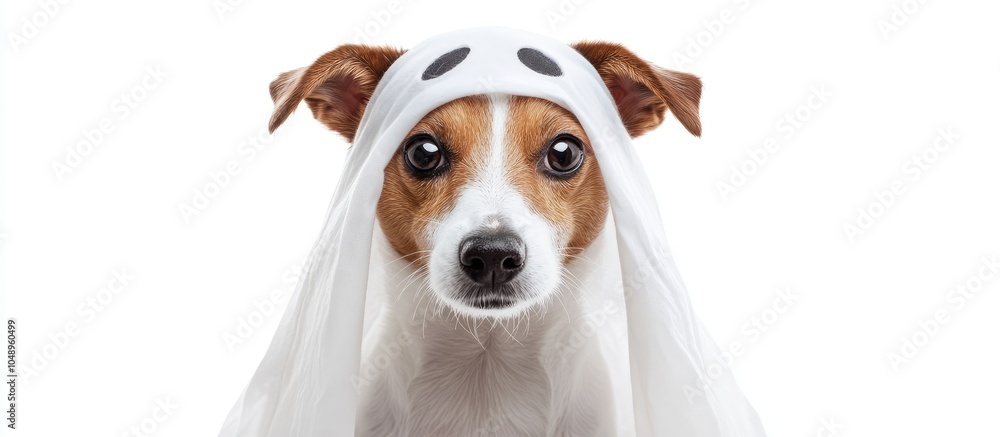 Poster jack russell terrier dog dressed in a ghost costume against a white background. with copy space imag