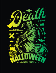 Obraz premium Death on a Scooter. Halloween Poster. Original vector illustration in vintage style. T-shirt design.