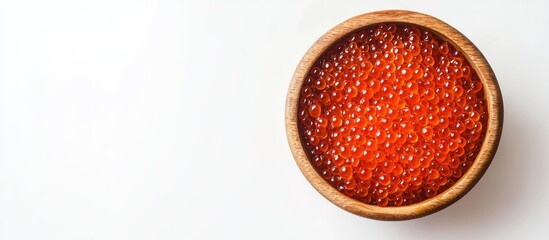 Wooden bowl filled with red caviar on a white background Copy space top view