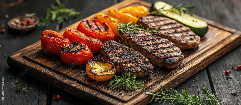 Poster Grilled vegetables on a cutting board on a dark wooden surface. with copy space image. Place for adding text or design