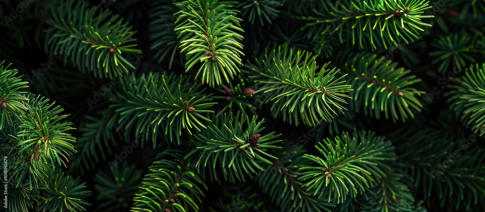 Fototapete green spruce pine needles bloom. with copy space image. place for adding text or design