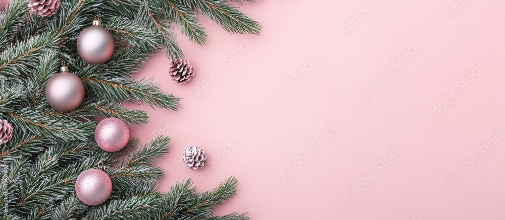 Aufkleber green christmas tree branches and ornaments on a pink background top view copyspace flat lay minimal