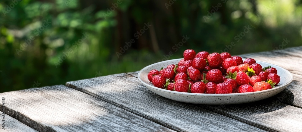 Poster Ripe red wild strawberries on a plate on an outdoor wooden table. with copy space image. Place for adding text or design