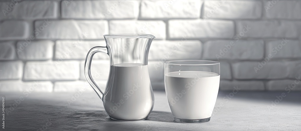 Poster Milk in a jug and a glass on a grey table set against a white brick wall background. with copy space image. Place for adding text or design