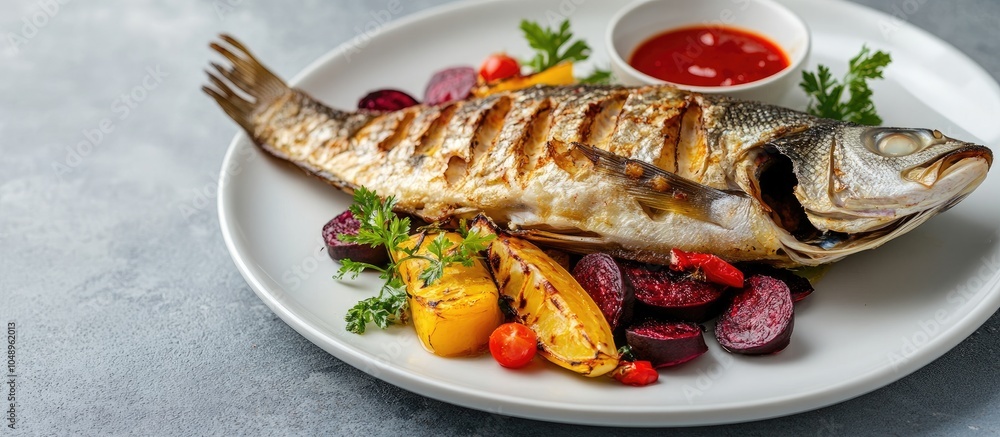 Aufkleber Fried perch fish with vegetables on a white plate against a grey table background with copy space close up Grilled pike perch served with beetroot vegetables and sauce