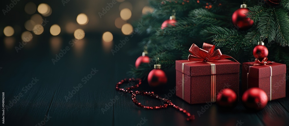 Poster christmas still life featuring gifts on a black wooden surface alongside a christmas tree new year p