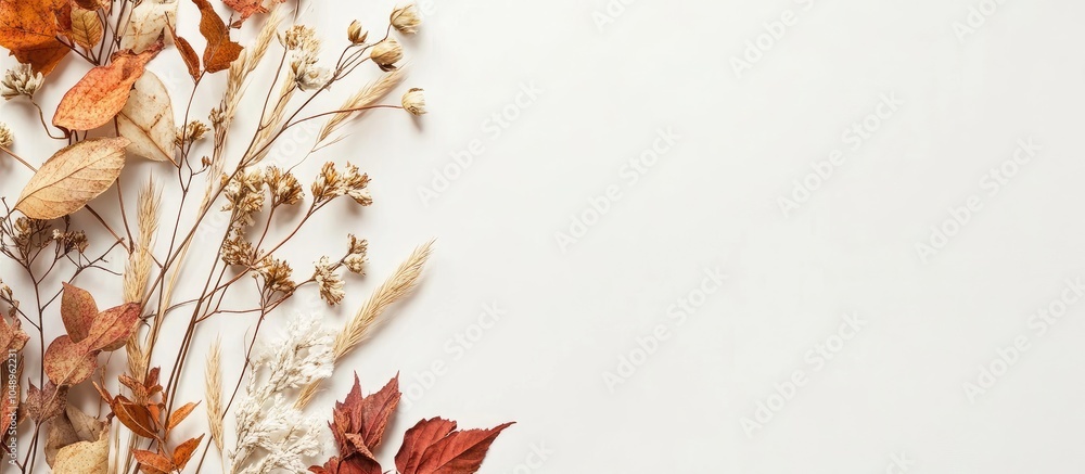 Aufkleber autumn arrangement photo frame dried flowers and leaves on a white background autumn fall idea flat 