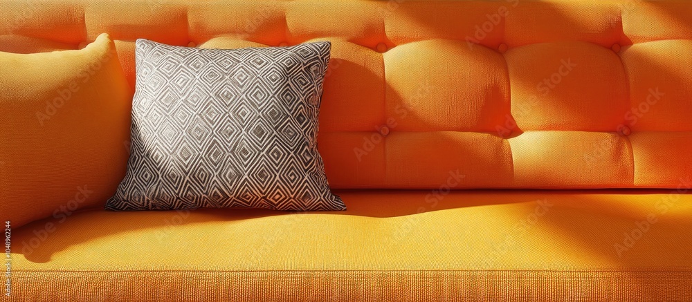Aufkleber mockup page branding on an orange fabric sofa stationery collection. with copy space image. place fo