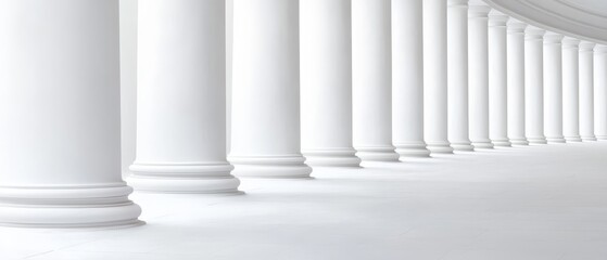  A row of white pillars, each topped with a clock One clock sits atop one pillar; another clock is positioned on the opposite pillar