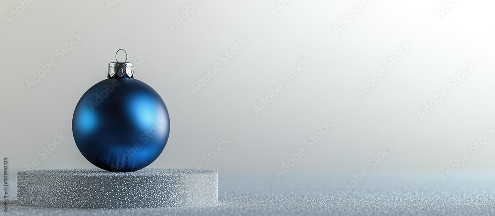 Aufkleber a blue christmas bauble sits on a podium against a silver colored background. with copy space image.
