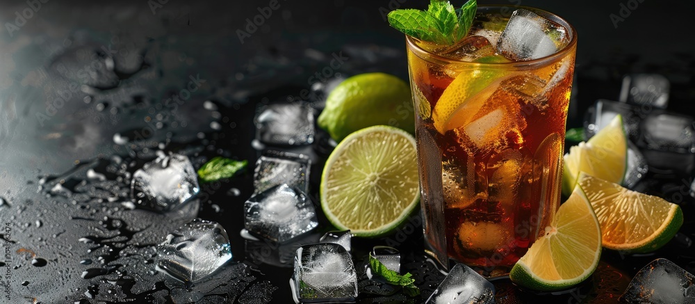 Fototapete refreshing soda drink with ice cubes lime slices and mint on a black table banner layout with space 