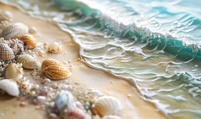 Seashells and a wave on a sandy beach.