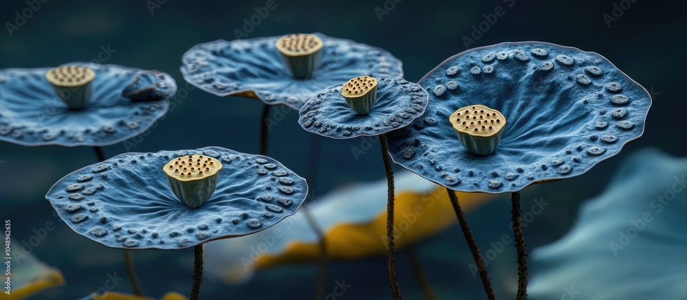 Leinwandbilder close up of lotus seed pods in a pond that resembles a family in conversation vertical image suitabl