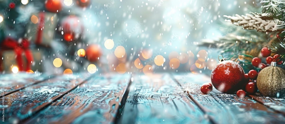 Poster Christmas backdrop joyous New Year Selective focus Holiday. with copy space image. Place for adding text or design