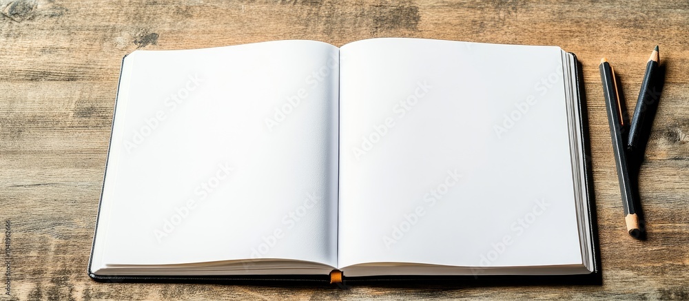 Aufkleber Top view of a blank open notebook page and a pencil on a wooden table background in an office. with copy space image. Place for adding text or design