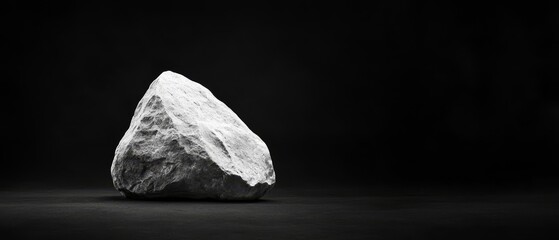 Fototapeta premium A large white rock atop a black floor, silhouetted against a black background Light emanates from above, illuminating the stone