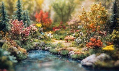 Fototapeta premium Miniature forest scene with a stream and picnic table.
