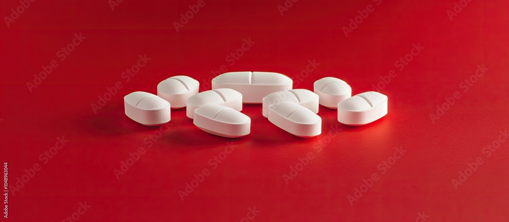 Aufkleber Several white tablets are arranged in a uniform triangle on a vivid red background Background image related to medicine and pharmaceutical themes. with copy space image