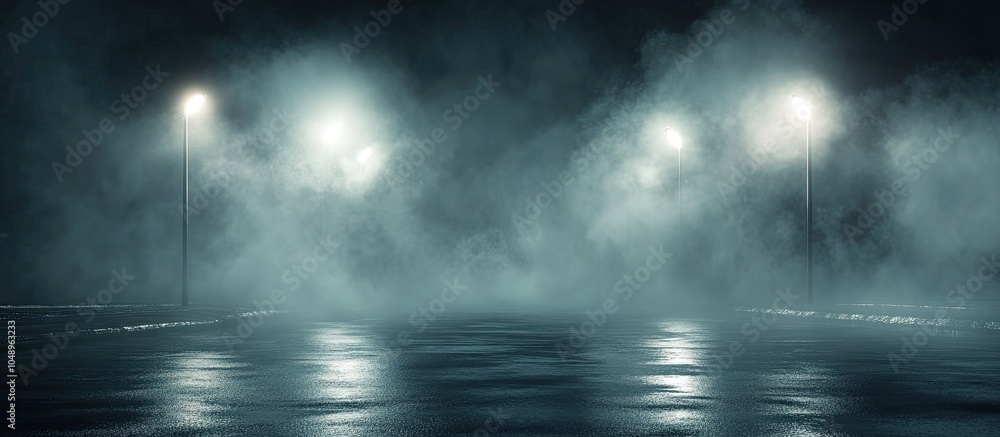 Aufkleber Empty street scene background featuring abstract spotlights Night view of streetlights reflected on water Rays penetrate the fog Smoke and fog create a wet asphalt surface with light reflections