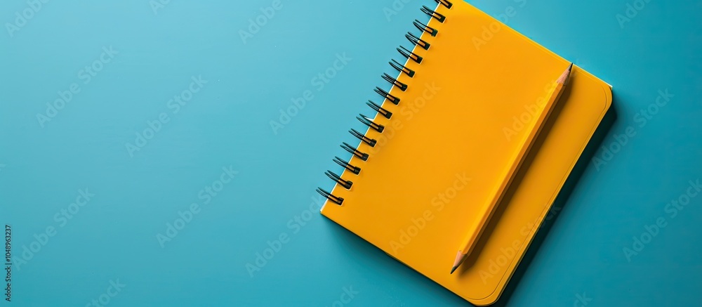 Poster yellow notepad and pencil featuring a work from home message on a blue background concept of working