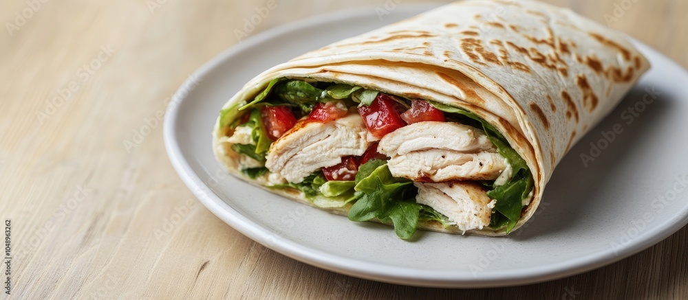 Leinwandbilder a healthy chicken salad wrap cut in half and presented on a white ceramic plate against a plain wood