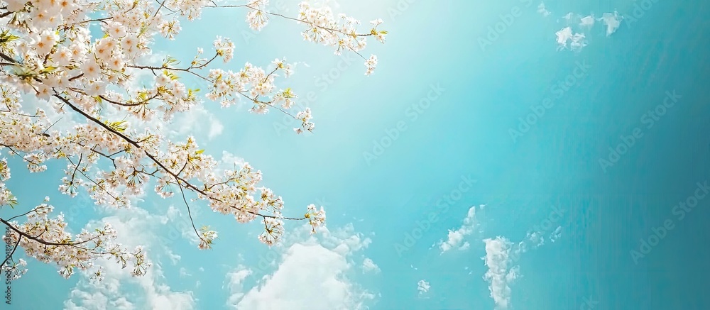 Poster bottom view of blooming cherry tree branches against a blue sky in early spring. with copy space ima