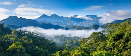  A verdant forest teems with numerous trees beneath a blue sky, dotted with white cloud clusters