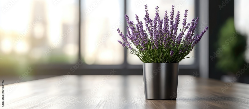 Poster office workspace with lavender in a steel cup. with copy space image. Place for adding text or design