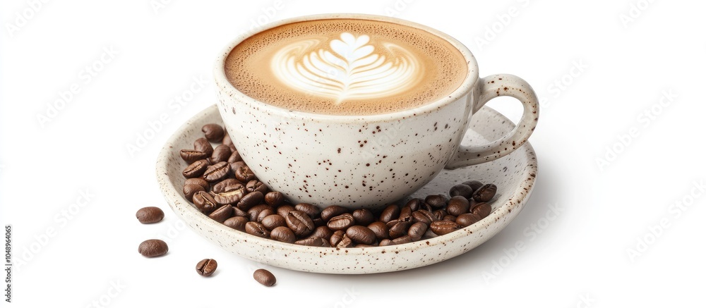 Poster A cappuccino for breakfast accompanied by roasted coffee beans. with copy space image. Place for adding text or design