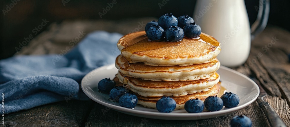Poster delicious cottage cheese pancakes accompanied by blueberries and a milk jug on a rustic wooden surfa