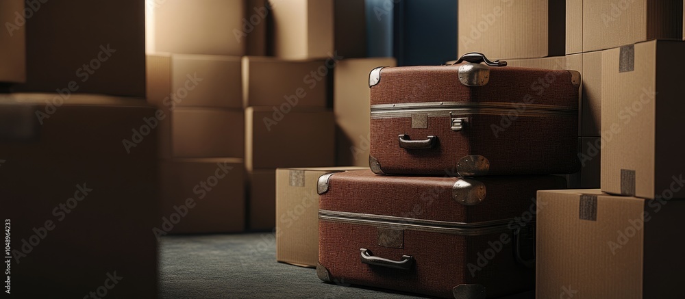Poster Luggage placed among cardboard boxes. with copy space image. Place for adding text or design