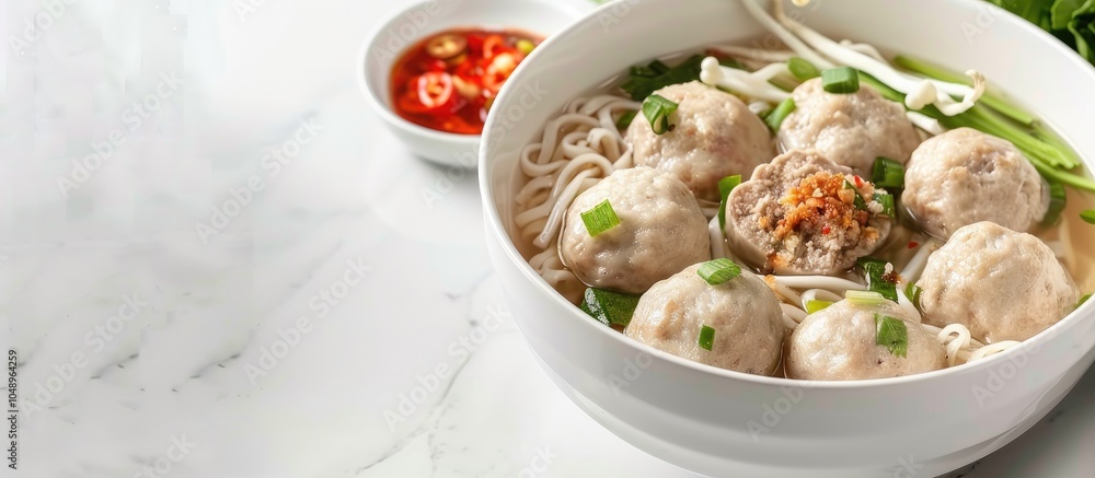 Aufkleber bakso an indonesian dish consisting of meatball soup with noodles isolated. with copy space image. p