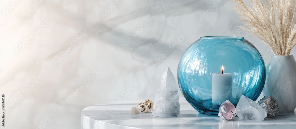 Aufkleber arrangement of a blue glass vase marble candles and quartz crystals on a white background minimalist