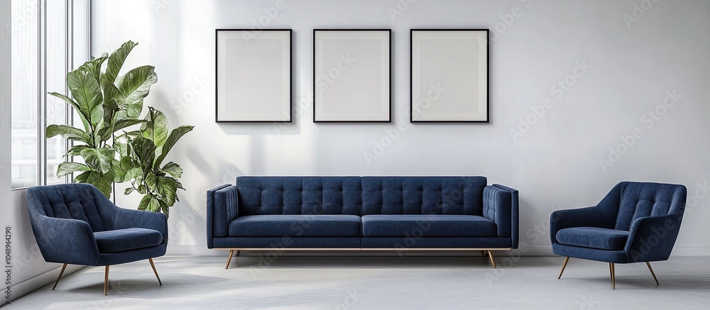 Leinwandbilder scandinavian navy sofa and chair in a minimalist living room interior empty frames on the wall for a