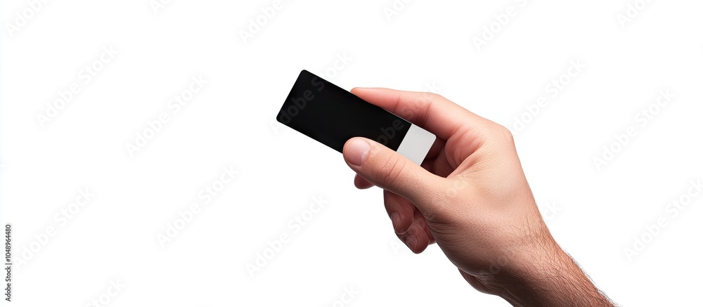 Poster man s hand holding a virtual credit card against a white background. with copy space image. place fo