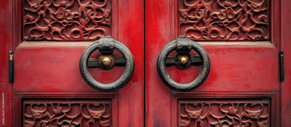 Poster closeup of an oriental style vintage door handle on the patterned frames of red double door panels o