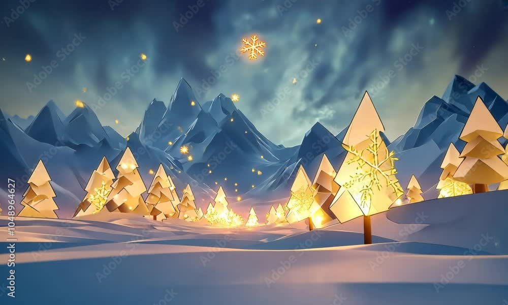 Poster a wintery geometric landscape with sharp snowy peaks and glowing lights, blending with abstract snow