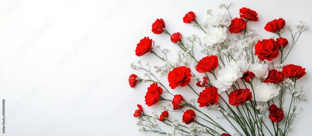 Fototapete Bouquet of red and white spring blooms on a white background top view. with copy space image. Place for adding text or design