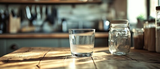 A glass of clear water and a jar on the kitchen table. with copy space image. Place for adding text or design