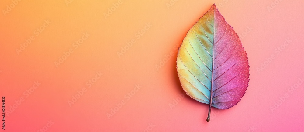 Poster Autumn leaf cut with a colorful gradient transition in a creative arrangement The seasonal change cycle for fall is depicted in this flat lay top view featuring copyspace