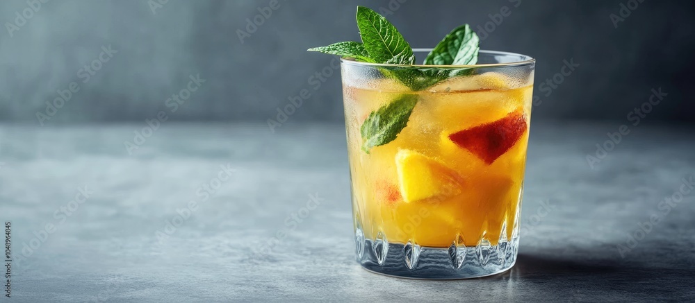 Fototapete Glass of peach mojito with mint against a grey background. with copy space image. Place for adding text or design