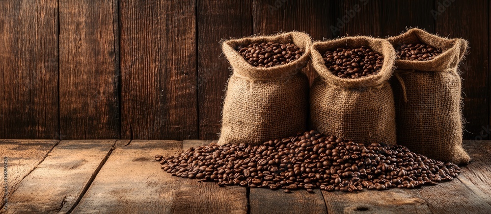 Aufkleber bags filled with coffee beans on a wooden surface. with copy space image. place for adding text or d