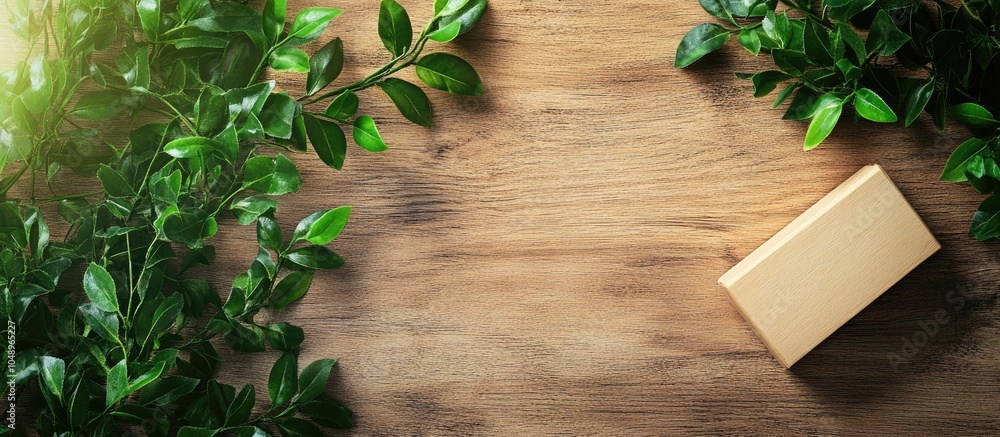 Poster copy space featuring a word block a handcrafted souvenir and a green plant on a wooden textured back