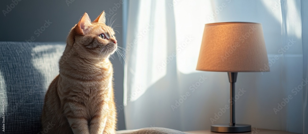 Fototapete adorable cat sitting on a table next to a lamp at home room for text. with copy space image. place f