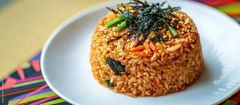 Aufkleber Fried rice shaped in a round form on a white plate accompanied by a vibrant tablecloth Toppings include seaweed dried prawns spring onion and sesame. with copy space image