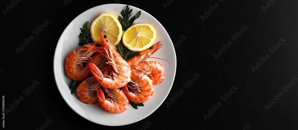 Aufkleber shrimp with lemon on a plate against a black background top view free copyspace