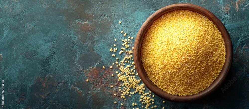 Poster yellow millet groats porridge oats and semolina an idea for healthy eating and nutrition. with copy space image. Place for adding text or design